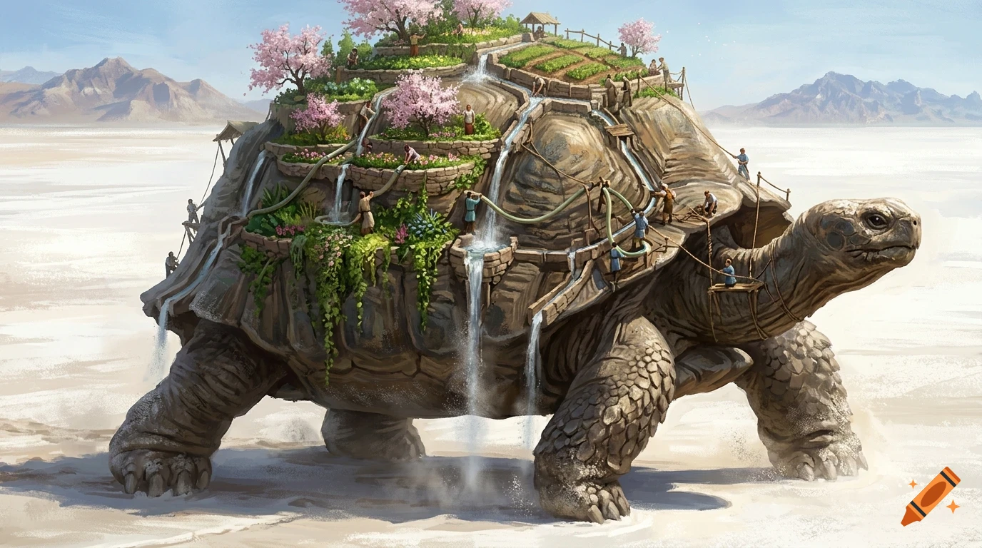 A giant fantasy turtle carrying a tiered garden with waterfalls and tiny people on its back, walking across a vast flat plain.