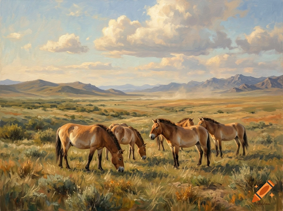 Painterly scene of Przewalski's wild horses grazing on the Mongolian steppe with mountains in the background.