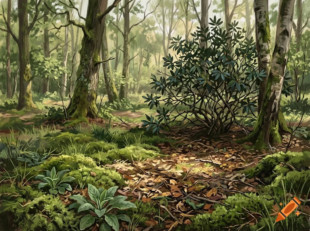 A lush, dense forest with tall trees, mossy ground, fallen leaves, and a prominent green shrub in the center.