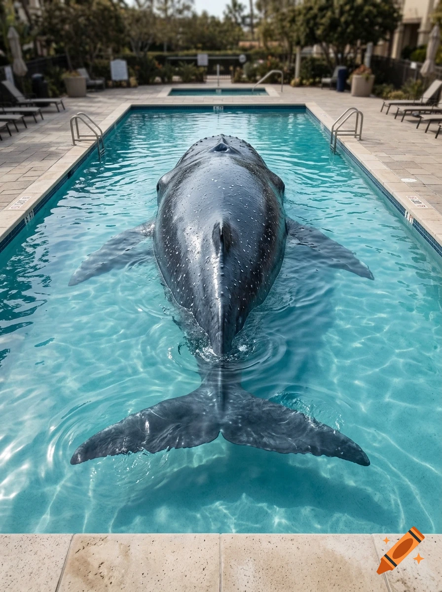 Photorealistic image of a large humpback whale floating vertically inside a backyard swimming pool.