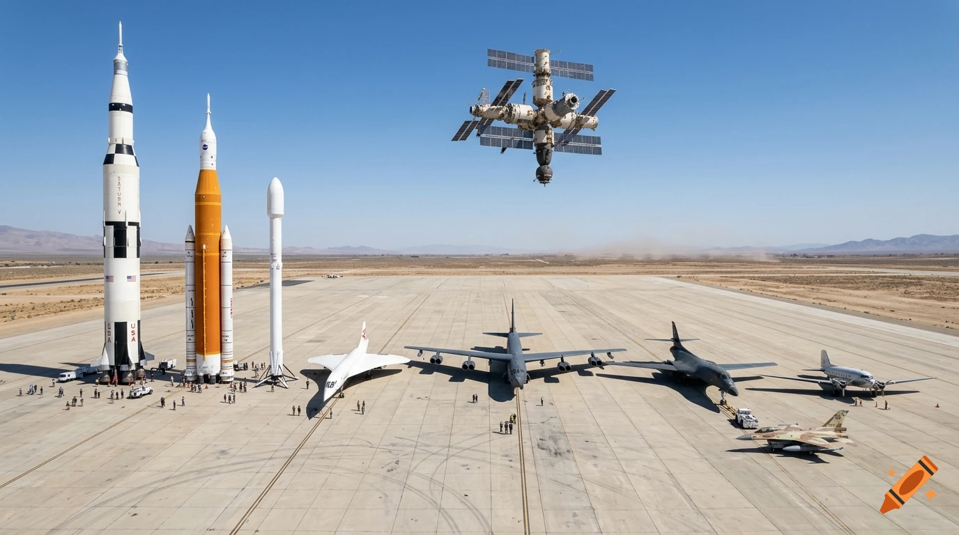 Photorealistic wide-angle view of a desert runway featuring various lined-up rockets and aircraft with the Mir space station floating above.
