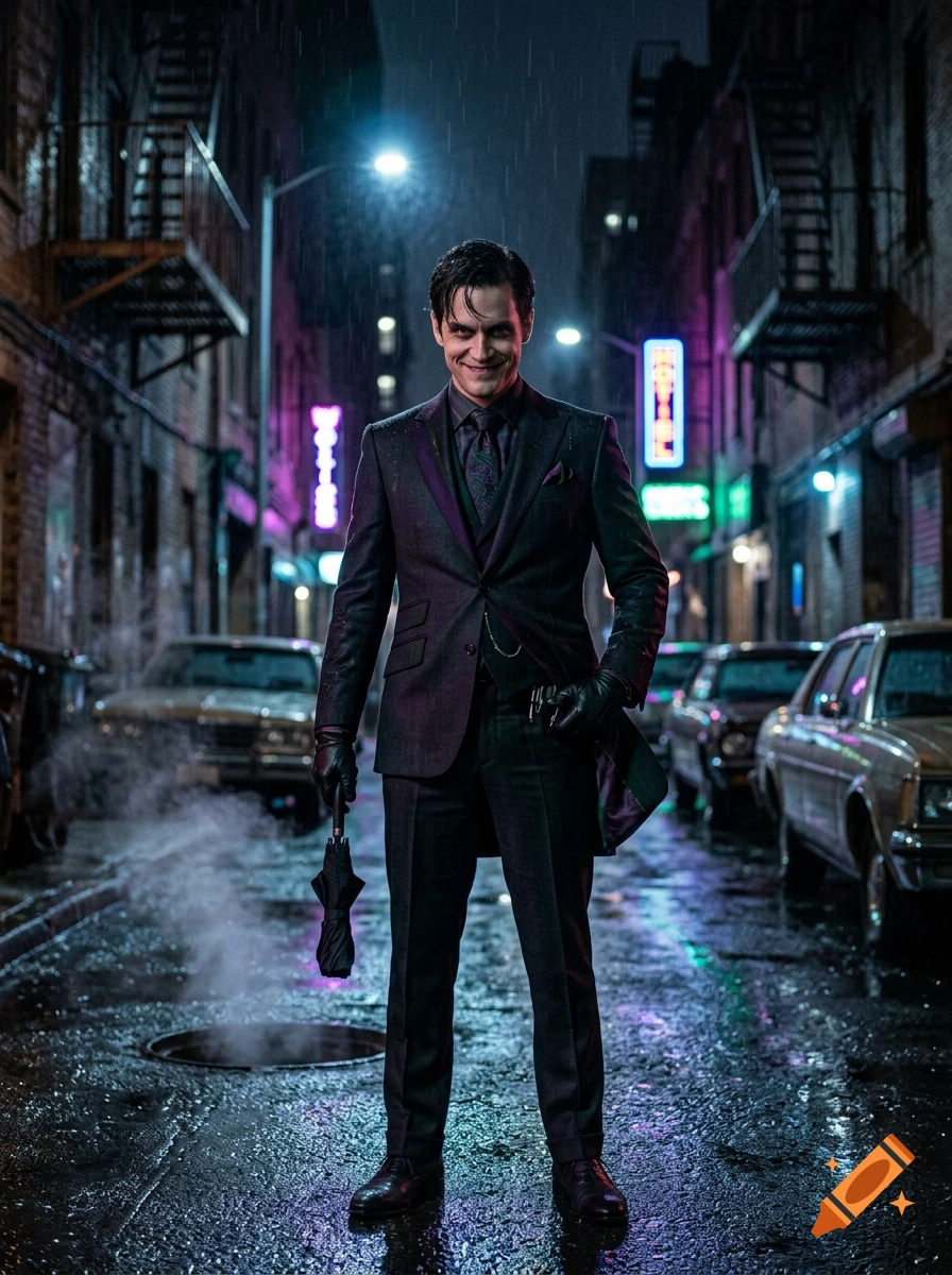 A photorealistic depiction of a grinning male villain in a dark purple suit standing on a wet alleyway street at night.