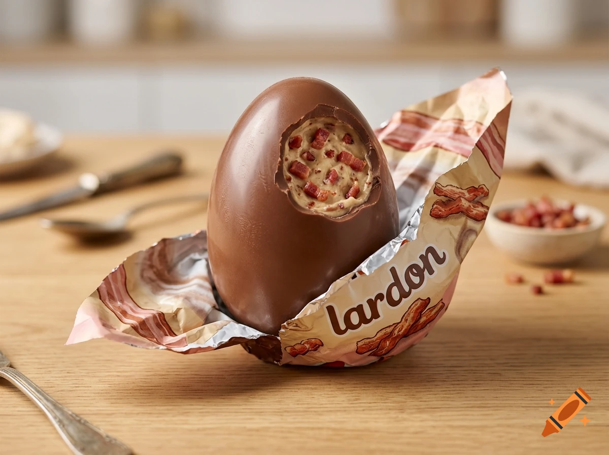 An unwrapped chocolate Easter egg with a bite taken out, revealing a creamy filling with pieces of bacon. The wrapper reads lardon.