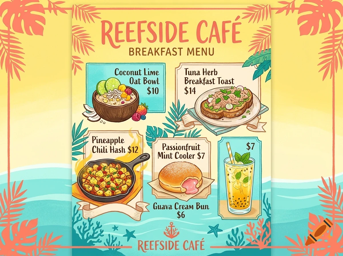 An illustrated breakfast menu for Reefside Café featuring various tropical dishes and drinks like bowls, toast, hash, a bun, and a cooler.