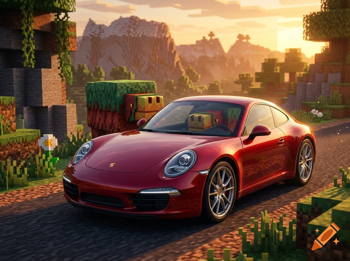 A realistic red Porsche 911 driving on a road in a Minecraft-style blocky landscape at sunset.
