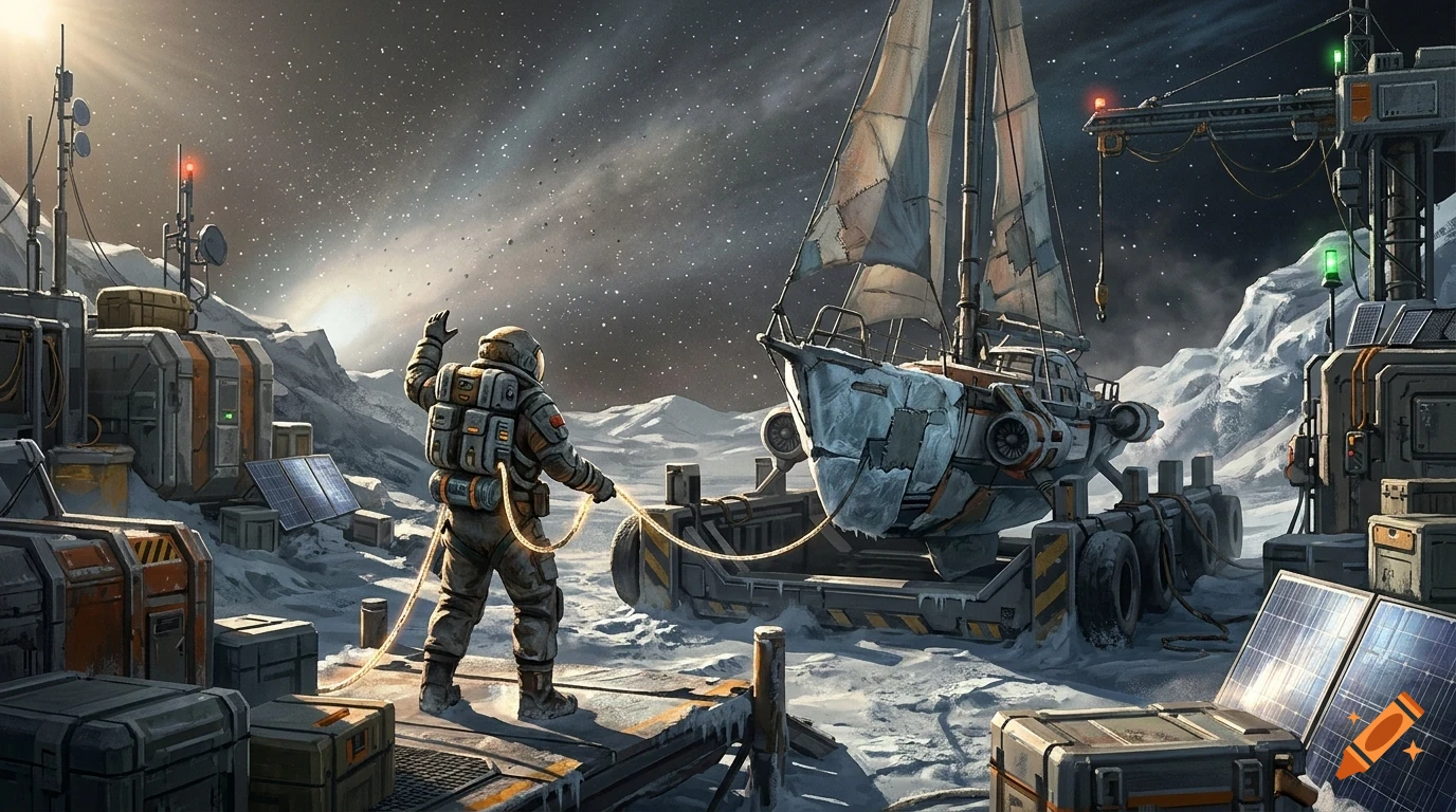 An astronaut in a spacesuit holds a tether connected to a sailing ship on a snowy planet with sci-fi structures.
