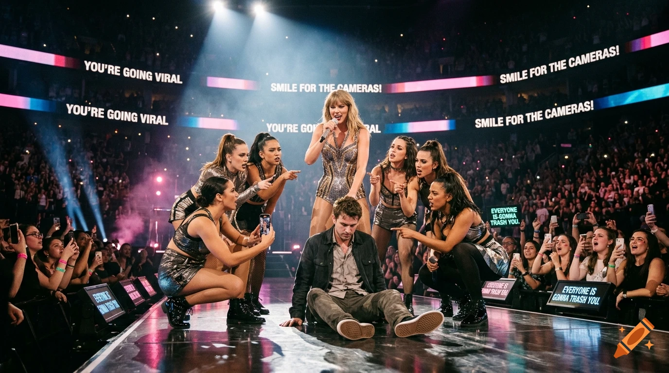 Photorealistic image of a female pop star standing triumphantly over a humiliated man on stage, surrounded by backup dancers and screens displaying text.