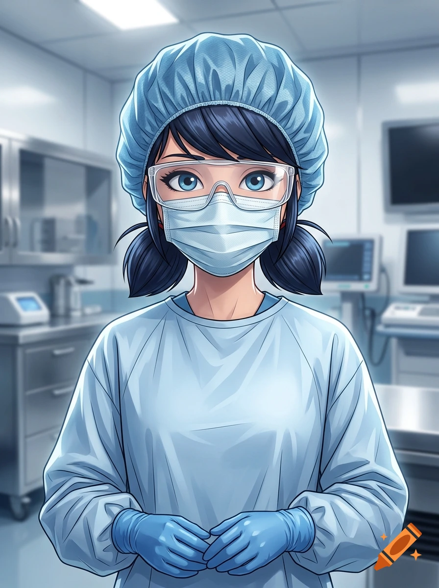 Anime-style illustration of Marinette Dupain-Cheng in a hospital setting, wearing a blue surgical gown, mask, hair cover, and gloves.