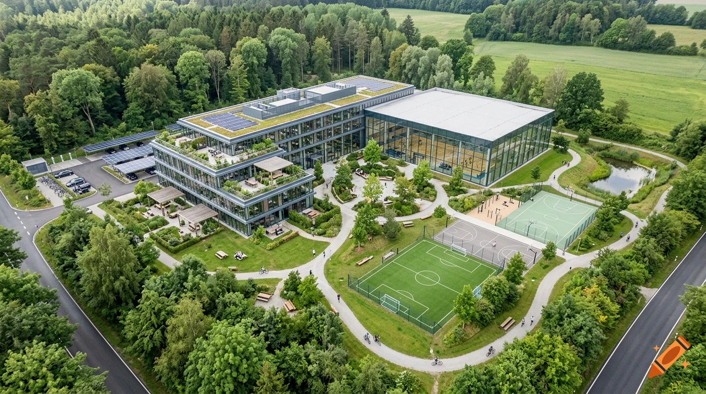 Aerial view of a modern eco-friendly office building with rooftop solar panels, sports fields, and surrounding green forest and fields.