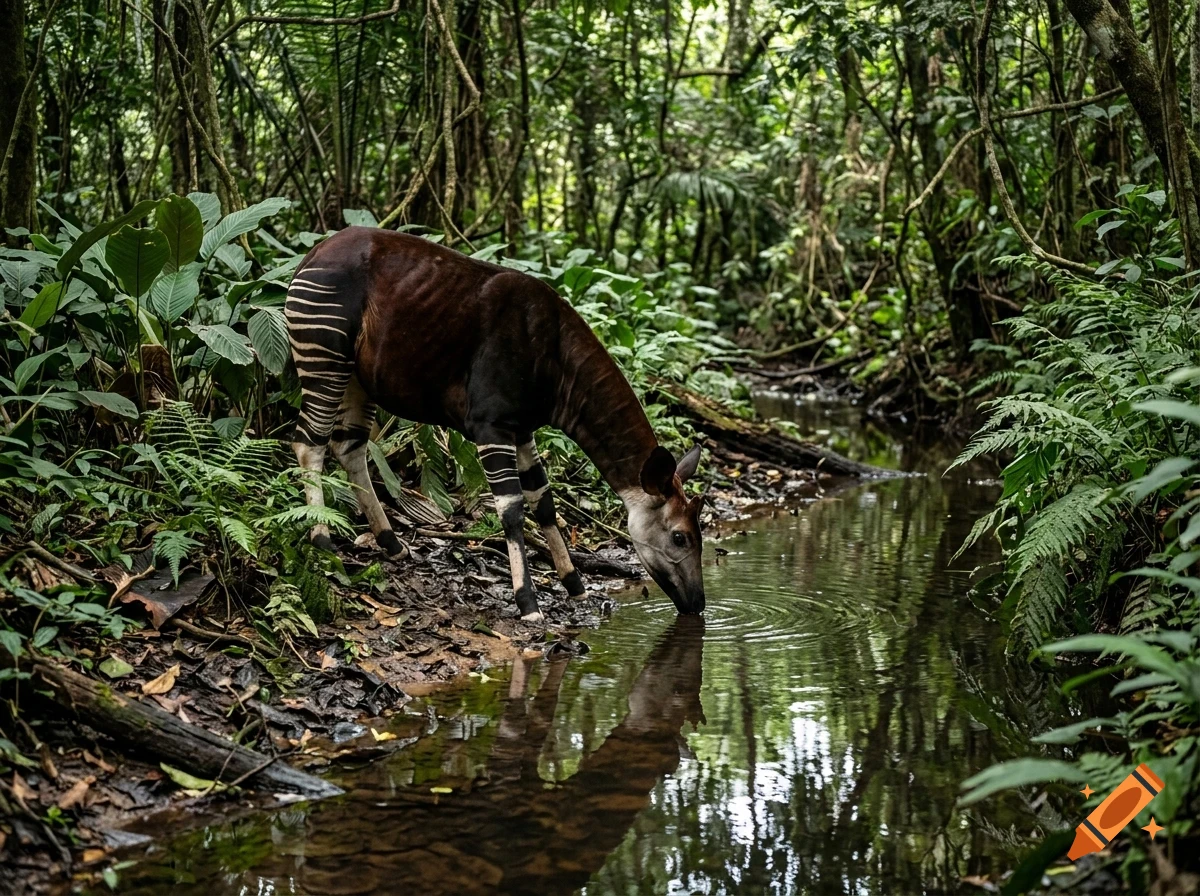 An okapi drinking from a stream in a lush, dense forest.