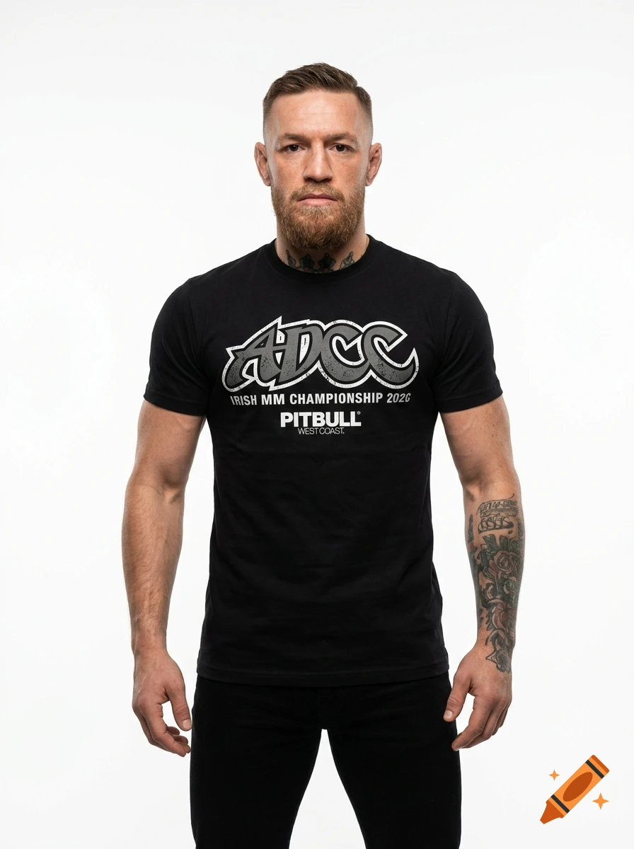 Portrait of Conor McGregor standing against a white background wearing a black graphic t-shirt.