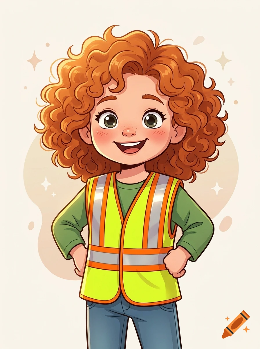 Cartoon illustration of a smiling little girl with curly ginger hair wearing a high-vis safety vest and green long-sleeve shirt.