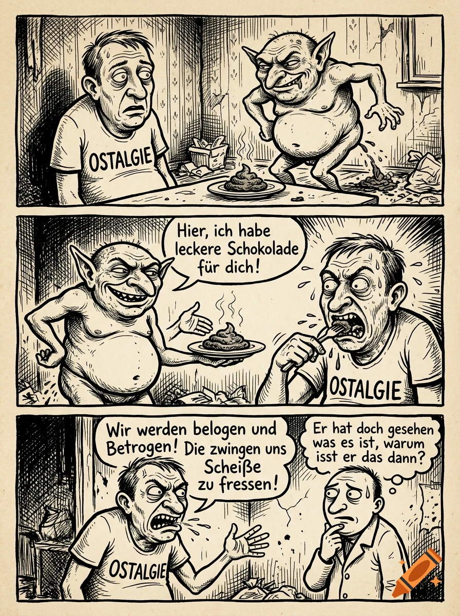 Three-panel comic strip in hand-drawn ink style showing a grotesque creature offering feces to a man in an Ostalgie shirt who eats it.