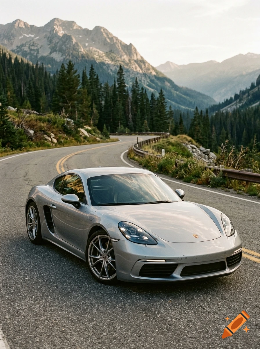 Photorealistic image of a silver Porsche sports car parked on a winding mountain road surrounded by pine trees and rugged peaks.