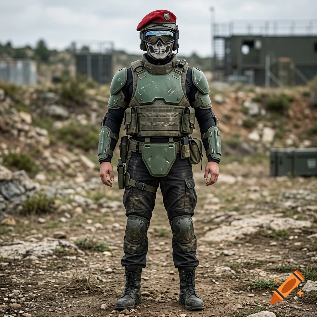 Photorealistic full-body shot of a soldier wearing a red beret, skull mask, ski goggles, and green marine armor in an outdoor setting.