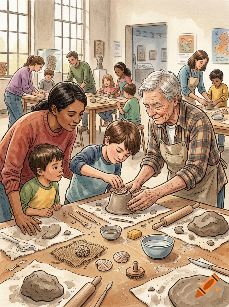 An elderly man and a young boy shape clay together at a pottery class, accompanied by other people working with clay in a studio.