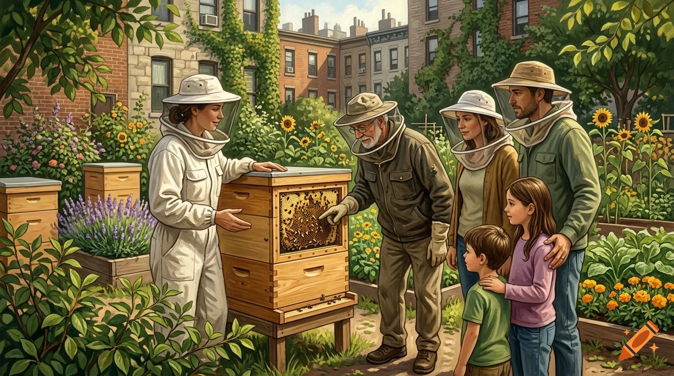 An illustrated family and beekeepers inspecting beehives in a community garden.