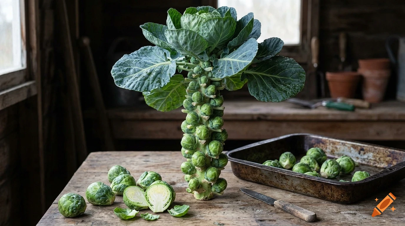 A whole Brussels sprout stalk standing upright on a wooden table, surrounded by loose sprouts, a baking tray, and a knife.