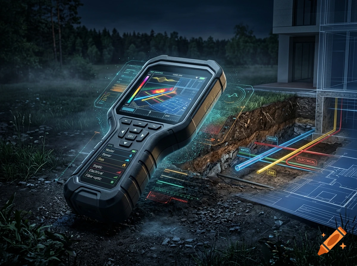 A futuristic utility locator device resting on muddy ground with holographic displays showing underground pipes and blueprints.