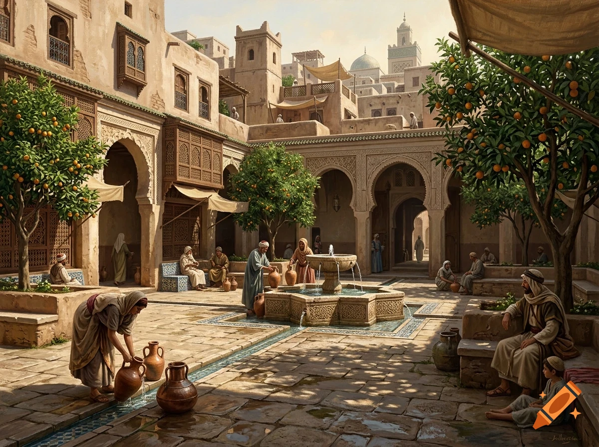 People in traditional clothing gathered in a sunny historic Middle Eastern courtyard with a central fountain and orange trees.