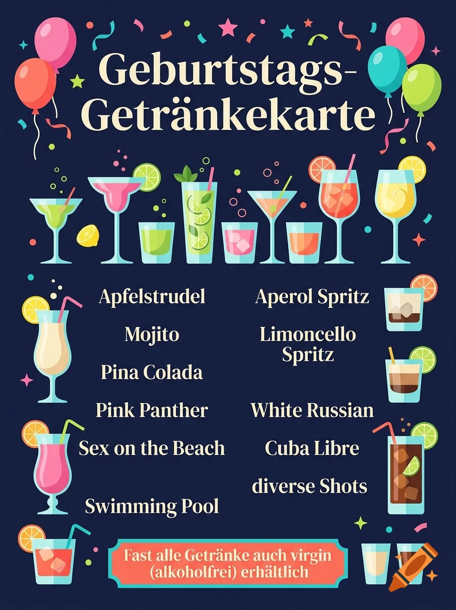 Colorful birthday party drink menu poster with illustrated cocktails, titles, balloons, and confetti against a dark blue background.