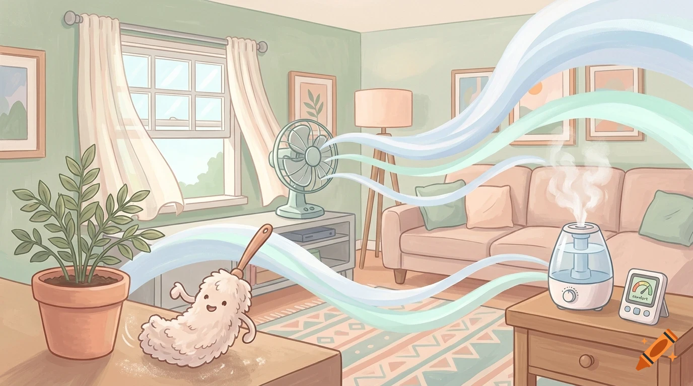 An illustrated cozy living room interior with a cute duster character cleaning, a fan, a humidifier, and airflow trails.