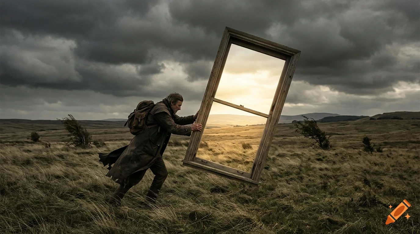 A person carrying a large wooden window frame through a windy, open landscape under a dramatic cloudy sky.