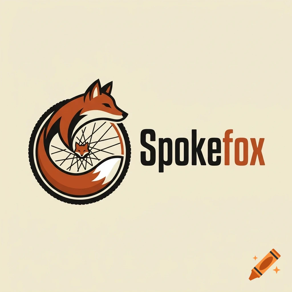 A logo featuring a stylized red fox curled around a bicycle wheel, accompanied by the text Spokefox.