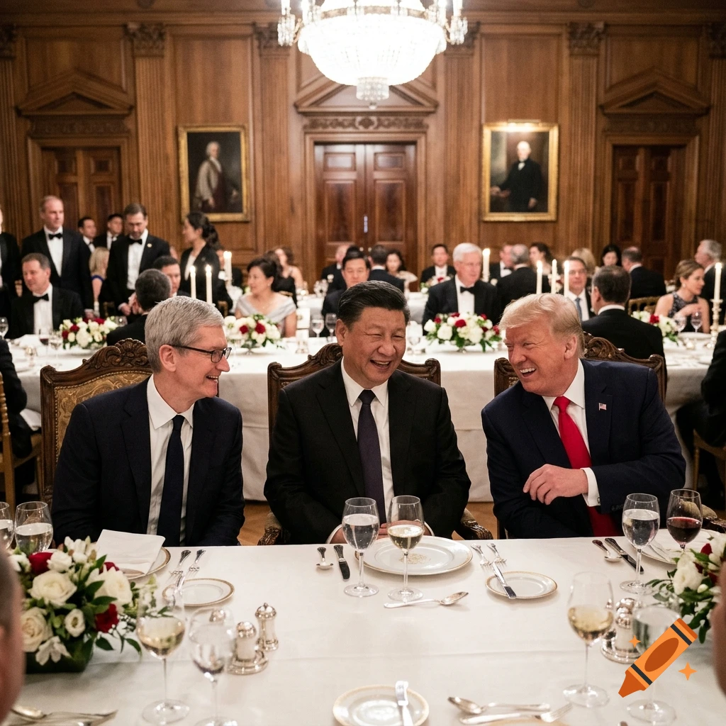 Photorealistic image of Tim Cook, Xi Jinping, and Donald Trump sitting together at a formal White House dinner table and laughing.