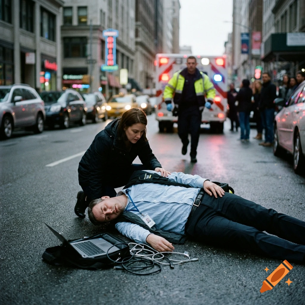 Photorealistic street scene of a man lying on the wet pavement with a laptop, attended to by a woman, with an ambulance in the background.