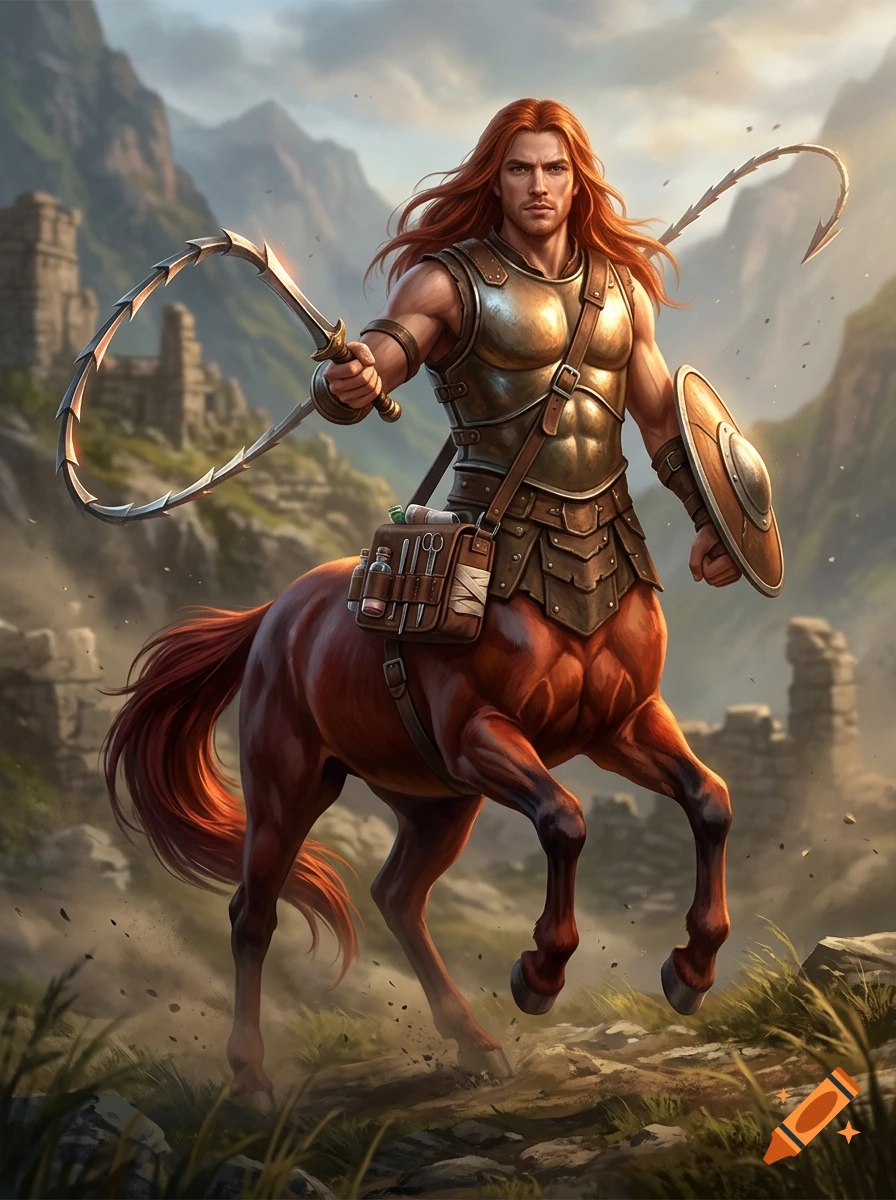 Digital painting of a muscular red-haired centaur warrior in a breastplate holding a swordwhip and buckler.