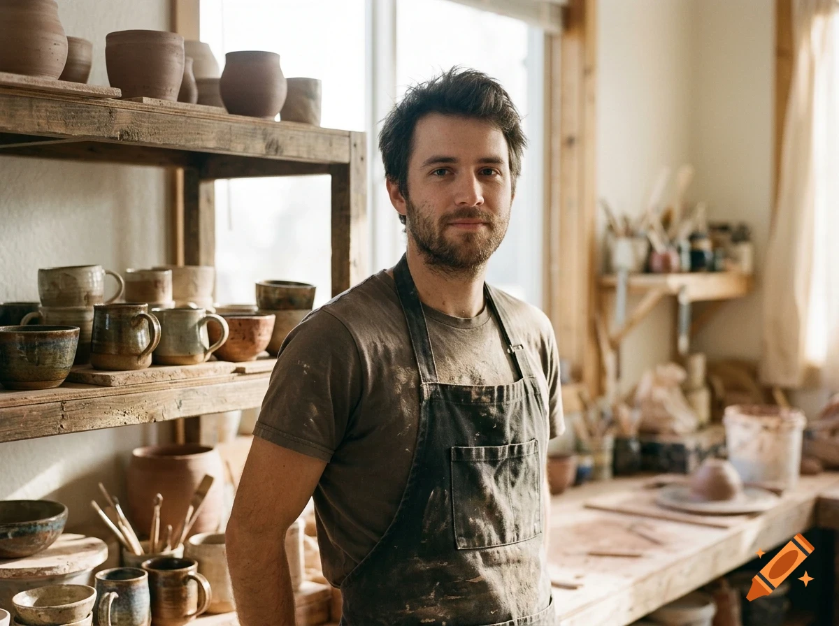A man wearing an apron stands in a pottery workshop surrounded by shelves of handmade ceramic mugs and pots.