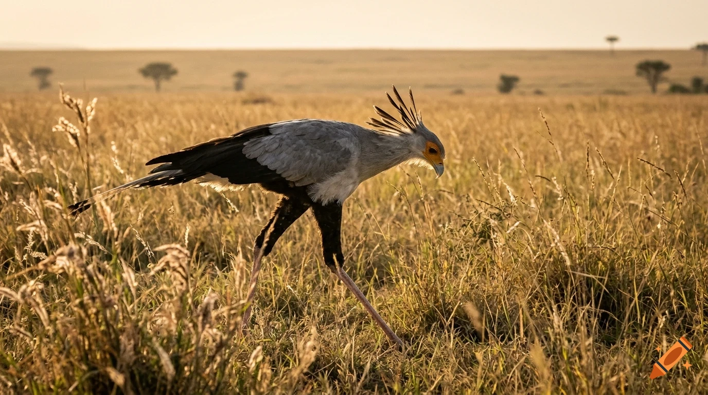 A secretary bird walks through dry savanna grass.