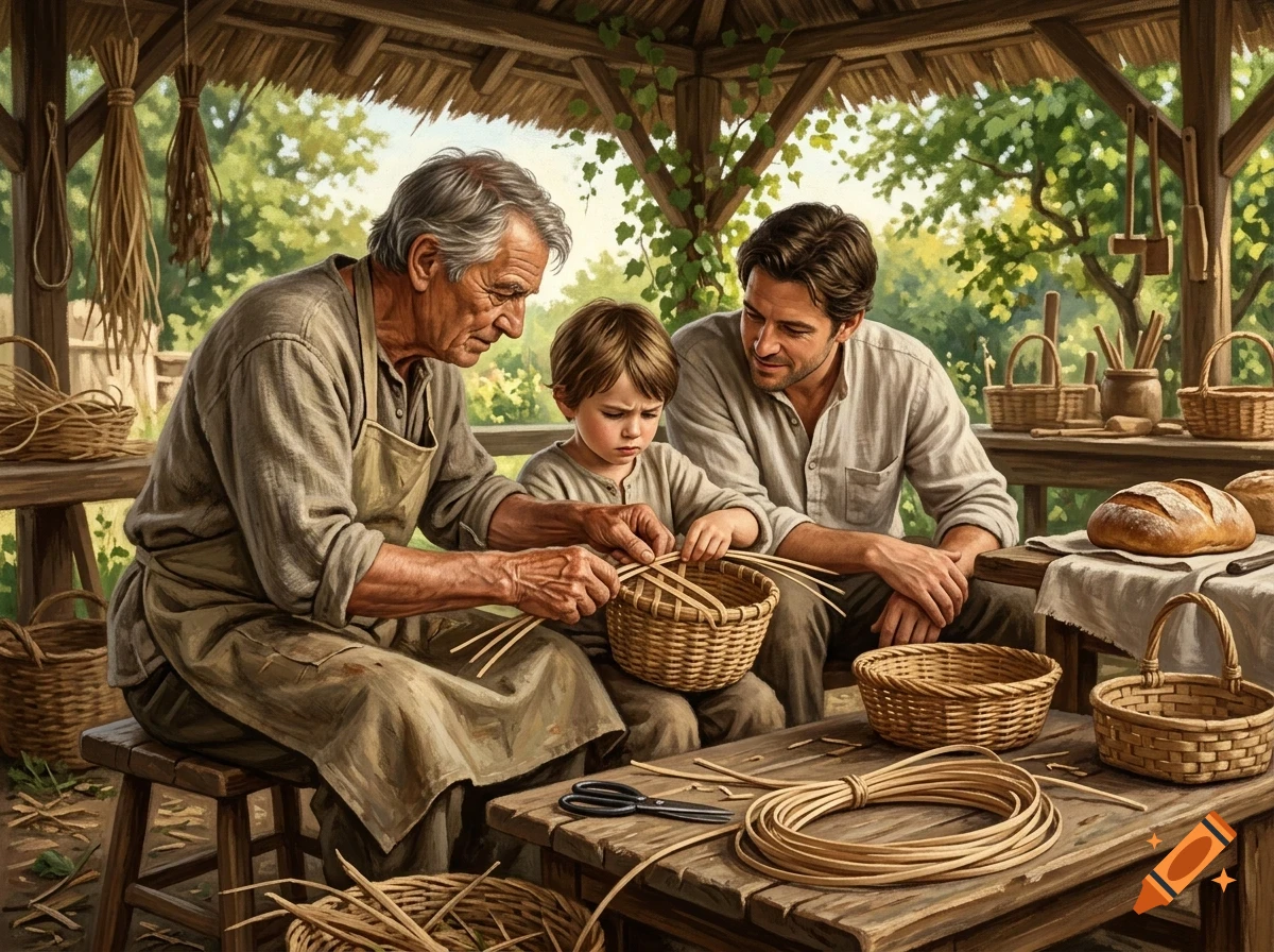 An older man, a younger man, and a child working together in a workshop weaving baskets.