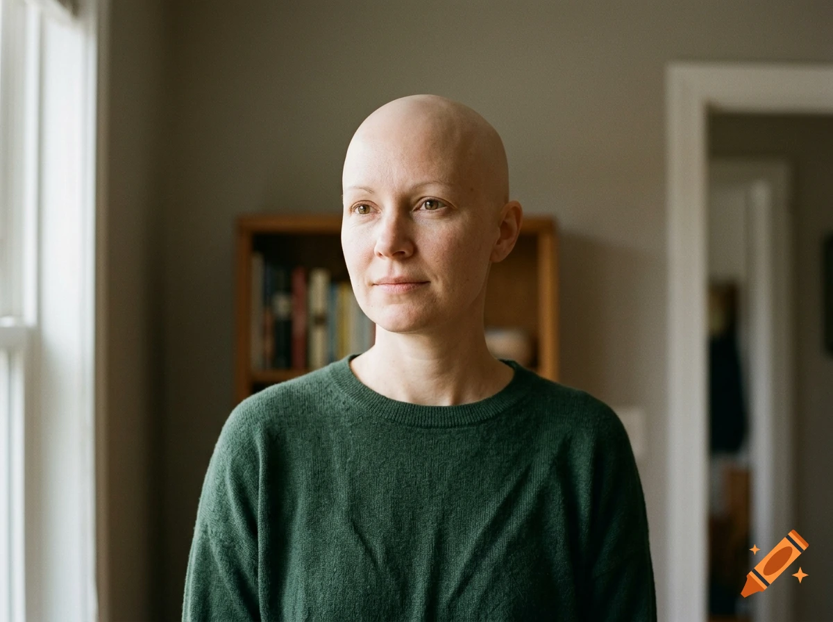 Photorealistic portrait of a bald woman with a green sweater standing indoors in front of a bookshelf.