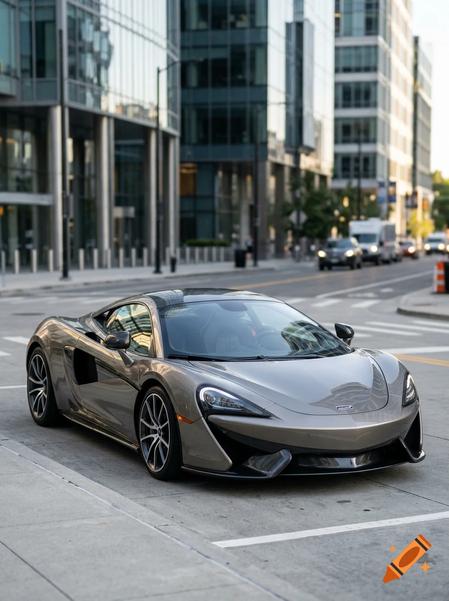 Photorealistic shot of a grey sports car parked on a city street lined with modern glass buildings.