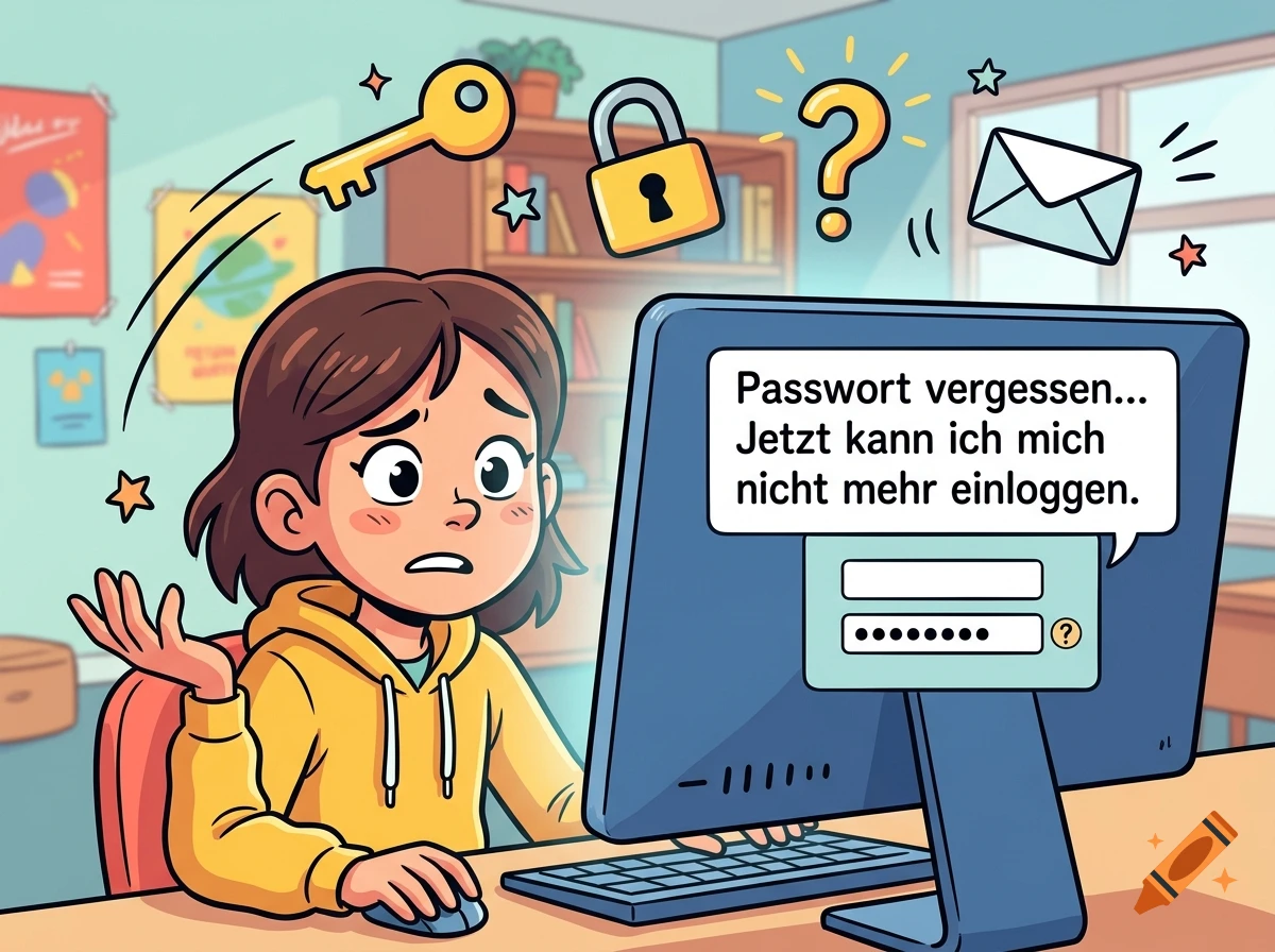 A cartoon illustration of a worried girl in a yellow hoodie looking at a computer screen that displays a password error message.