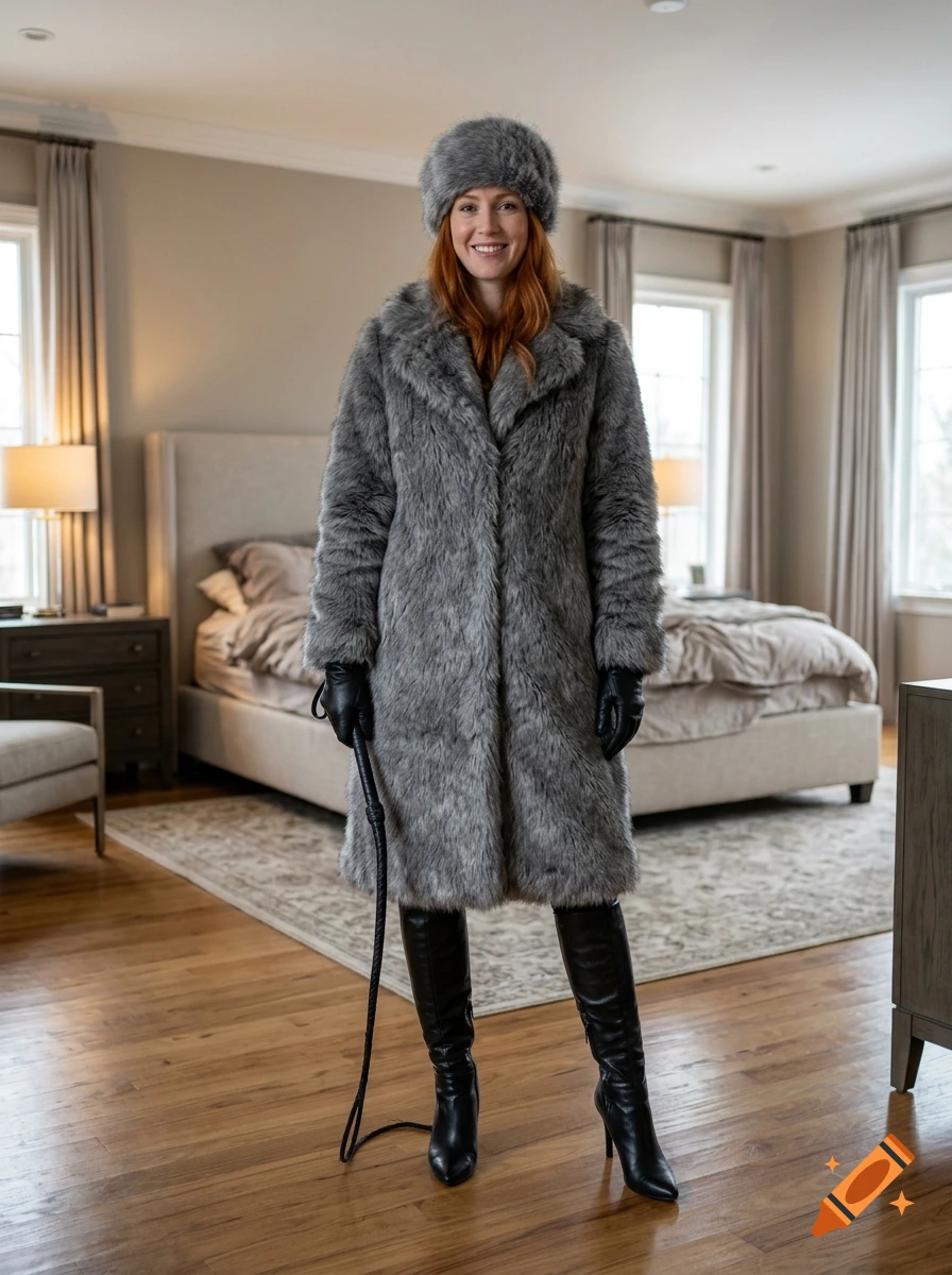 Photorealistic image of a tall redheaded woman wearing a grey fur coat, hat, black gloves, and holding a whip in a bedroom.