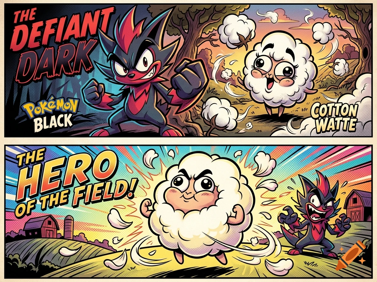 Comic book style two-panel illustration of a fierce black and red creature facing off against an expressive cotton sheep character.