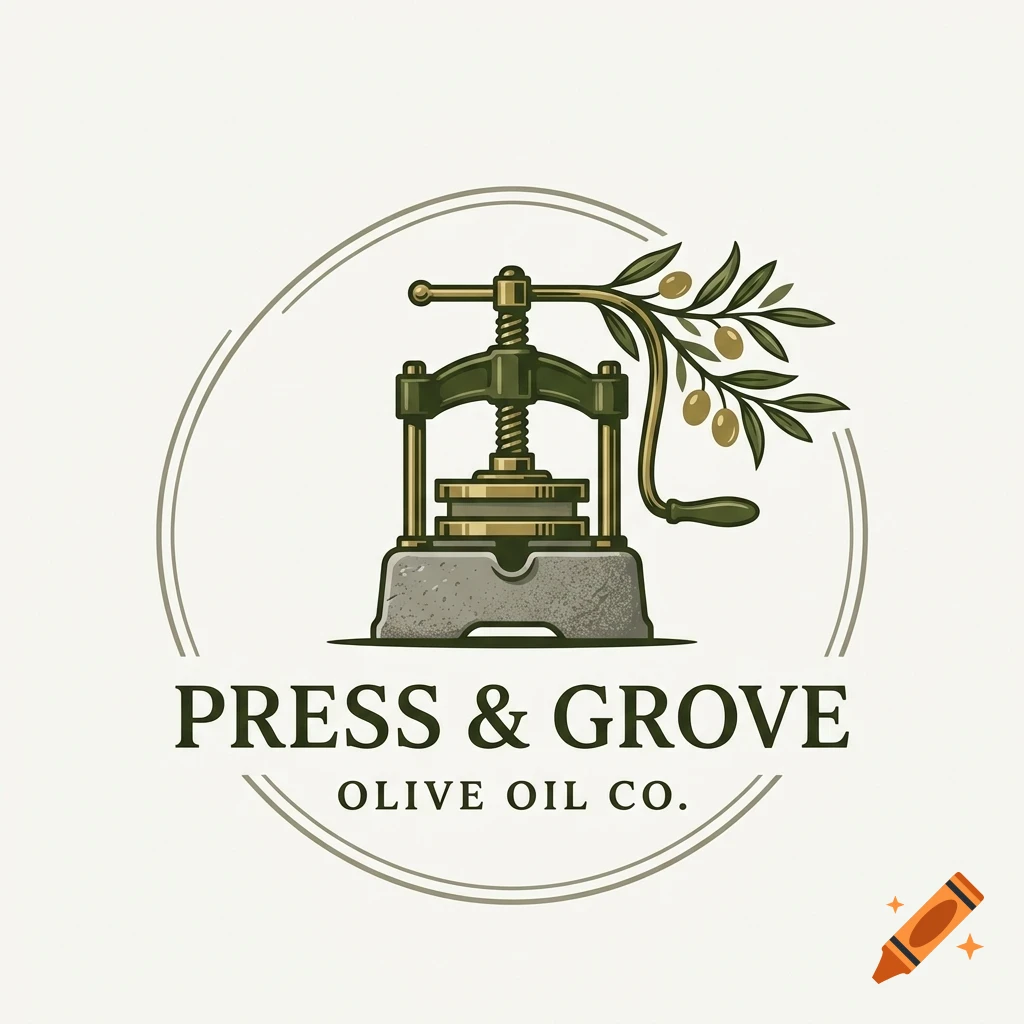 An illustrated logo for Press & Grove Olive Oil Co., featuring an olive press and an olive branch inside a circle.