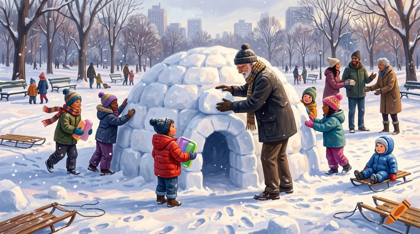 An elderly man and several children building a large igloo in a snowy park surrounded by bare trees, with city buildings in the background.
