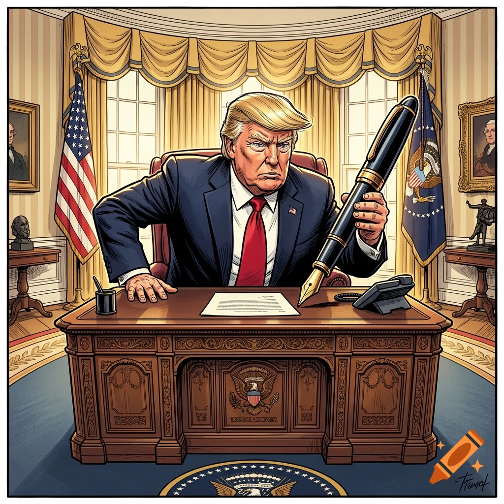 Satirical cartoon of Donald Trump in the Oval Office holding an oversized fountain pen at his desk, comic book style.