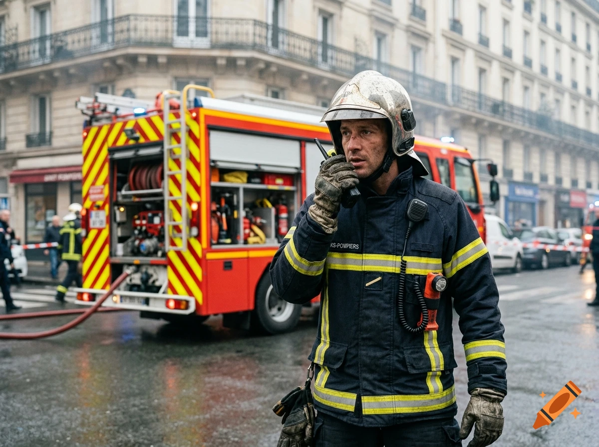 Photorealistic image of a French firefighter in uniform wearing a helmet and speaking on a radio in front of a fire truck in a city street.