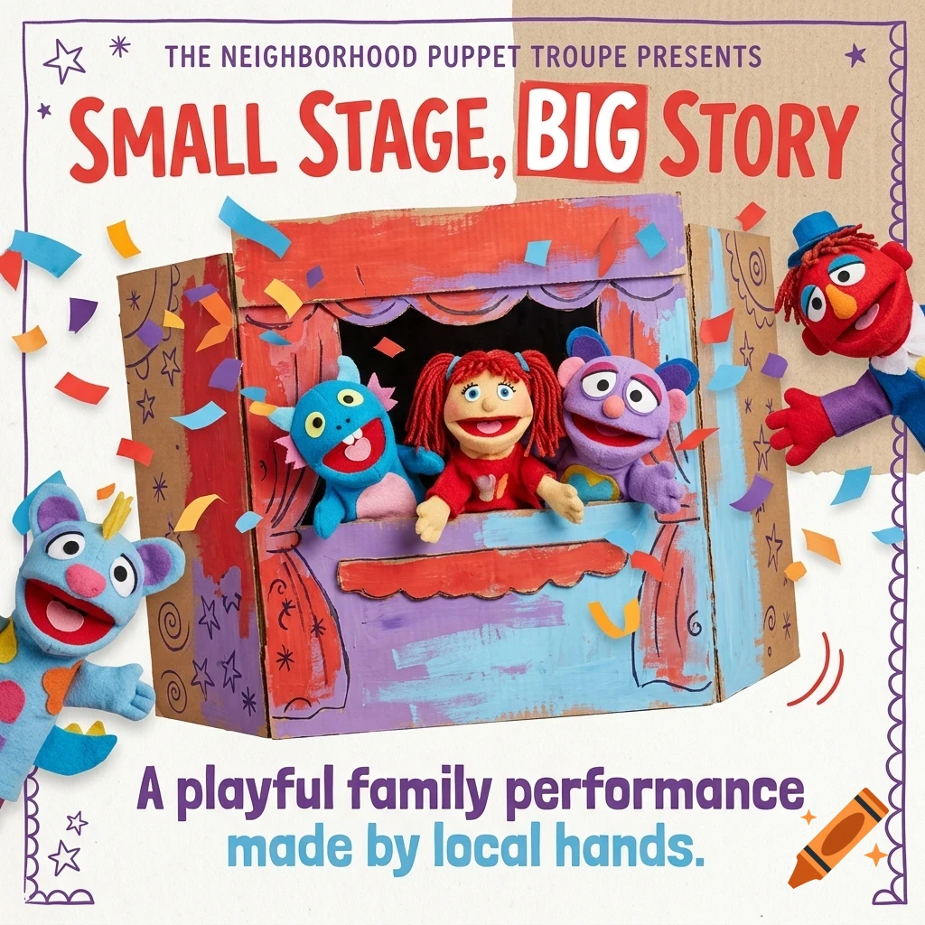 A poster depicting a handmade puppet show stage with colorful puppet characters and confetti.