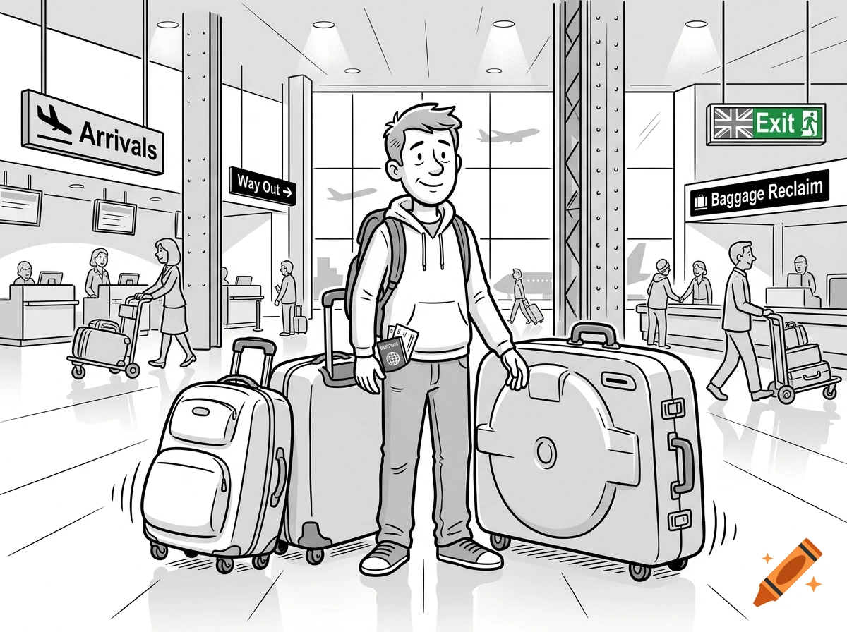 Black and white cartoon illustration of a traveler in an airport with suitcases and a bike case, surrounded by signs.