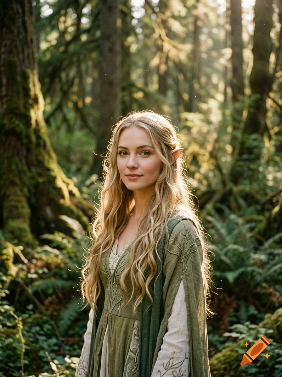 Photorealistic portrait of a young blonde elf woman with pointed ears, wearing a green medieval dress in a sunlit forest.