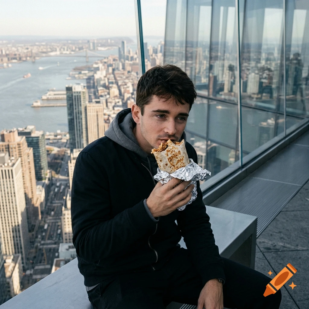 Photorealistic image of Charles Leclerc sitting on a high-rise ledge overlooking a city skyline, eating a burrito wrapped in foil.