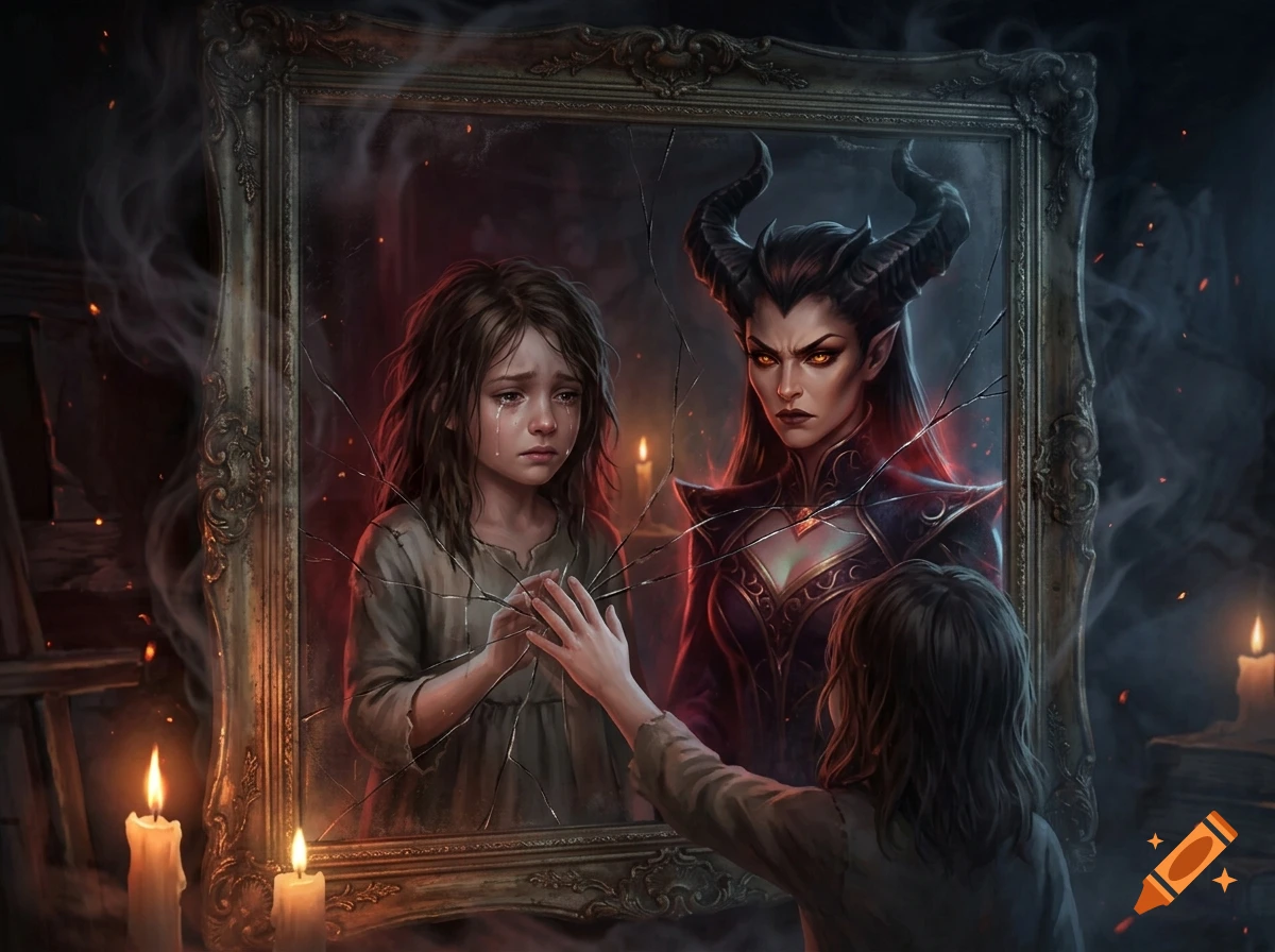 A crying young girl touching a mirror where a menacing demon with horns stares back in a dark, candlelit room, digital art style.
