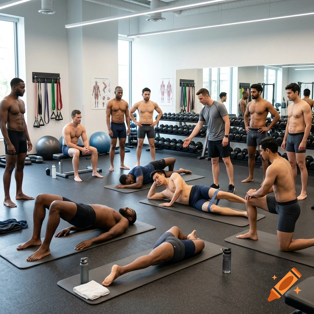 Group of diverse men in a modern gym doing pelvic floor and core exercises on mats.