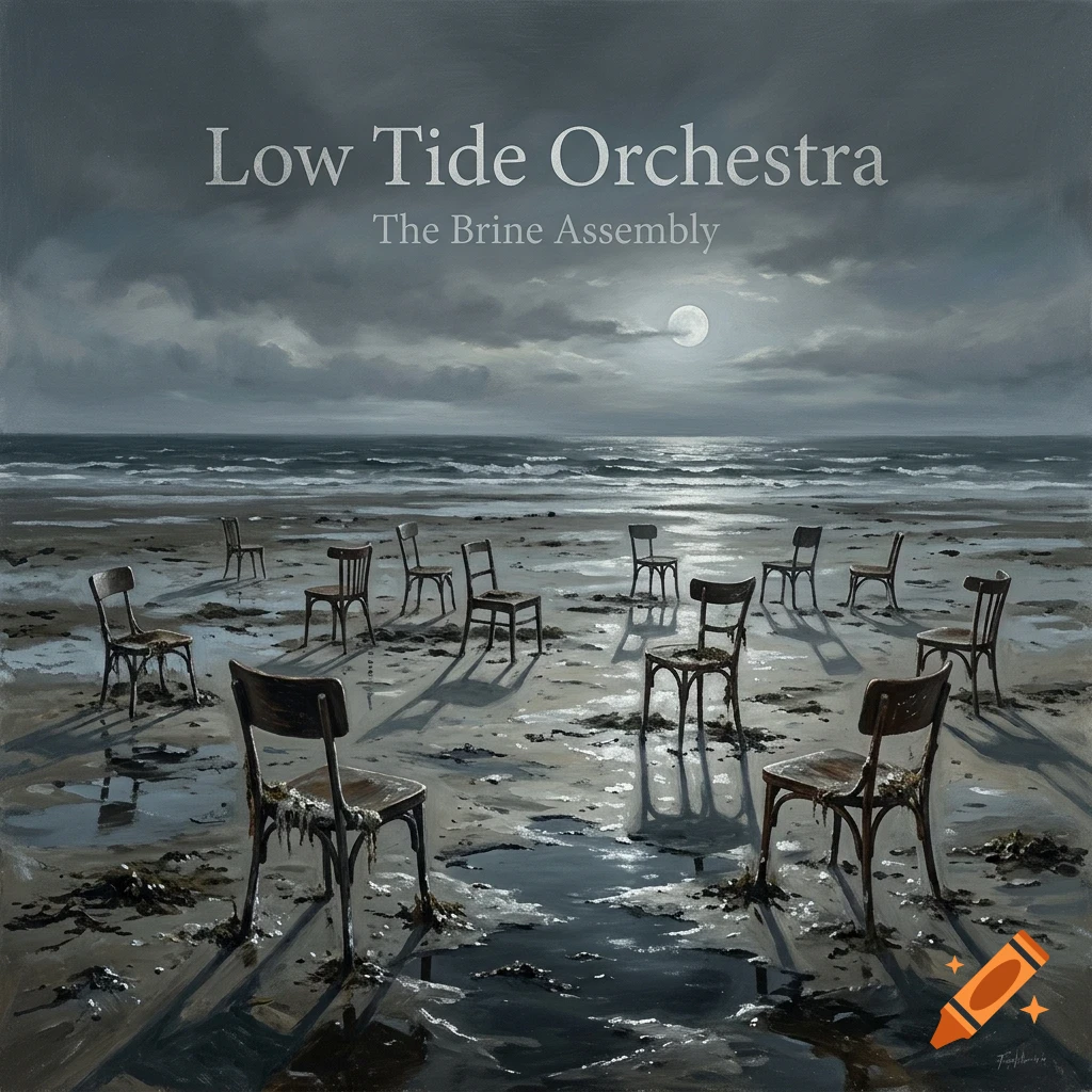 An empty beach at night under a cloudy sky with a full moon, featuring a circle of wooden chairs arranged in the wet sand, with text reading Low Tide Orchestra and The Brine Assembly at the top.